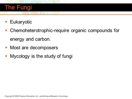 Copyright © 2006 Pearson Education, Inc., publishing as Benjamin Cummings  Eukaryotic  Chemoheterotrophic-require organic compounds for energy and carbon.