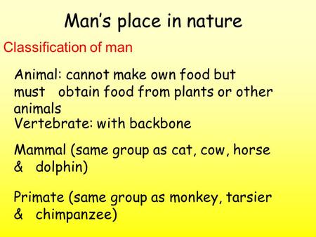 Man’s place in nature Classification of man Animal: cannot make own food but must obtain food from plants or other animals Vertebrate: with backbone Mammal.