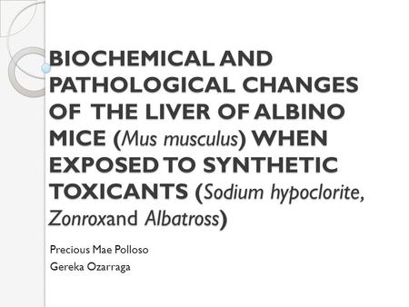 BIOCHEMICAL AND PATHOLOGICAL CHANGES OF THE LIVER OF ALBINO MICE (Mus musculus) WHEN EXPOSED TO SYNTHETIC TOXICANTS (Sodium hypoclorite, Zonroxand Albatross)