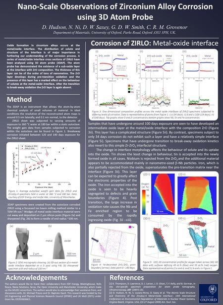 Nano-Scale Observations of Zirconium Alloy Corrosion using 3D Atom Probe D. Hudson, N. Ni, D. W. Saxey, G. D. W. Smith, C. R. M. Grovenor Department of.