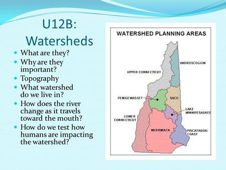 U12B: Watersheds What are they? Why are they important? Topography What watershed do we live in? How does the river change as it travels toward the mouth?