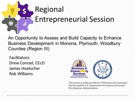 Regional Entrepreneurial Session An Opportunity to Assess and Build Capacity to Enhance Business Development in Monona, Plymouth, Woodbury Counties (Region.