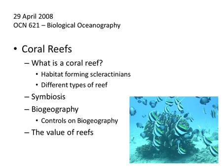 Coral Reefs – What is a coral reef? Habitat forming scleractinians Different types of reef – Symbiosis – Biogeography Controls on Biogeography – The value.