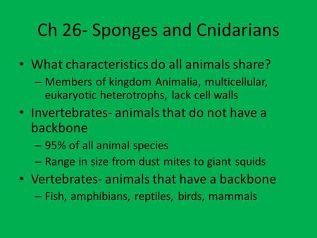 Ch 26- Sponges and Cnidarians What characteristics do all animals share? – Members of kingdom Animalia, multicellular, eukaryotic heterotrophs, lack cell.