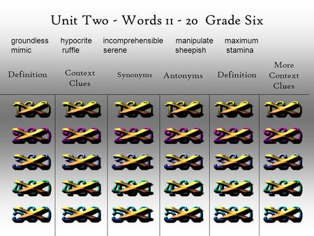 Unit Two - Words 11 - 20 Grade Six Definition Context Clues Synonyms Antonyms Definition More Context Clues groundless hypocrite incomprehensible manipulate.