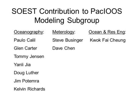 SOEST Contribution to PacIOOS Modeling Subgroup Oceanography: Paulo Calil Glen Carter Tommy Jensen Yanli Jia Doug Luther Jim Potemra Kelvin Richards Meterology: