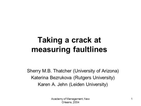 Academy of Management, New Orleans, 2004 1 Taking a crack at measuring faultlines Sherry M.B. Thatcher (University of Arizona) Katerina Bezrukova (Rutgers.