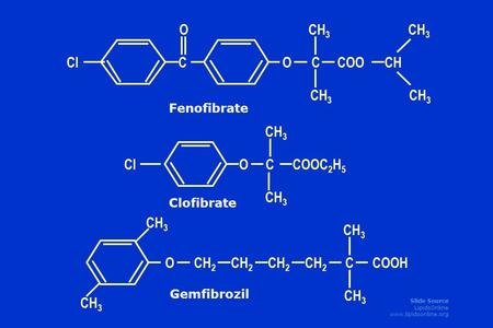 Slide Source LipidsOnline www.lipidsonline.org CO O C CH 3 COOCH CH 3 Cl CH 3 OC COOC 2 H 5 CH 3 Cl CH 3 OCH 2 CH 3 COOH CH 3 C Fenofibrate Clofibrate.