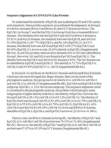 Sequence Alignment of CONSTANS-Like Proteins To understand the similarity of EpCOL and Arabidopsis CO and COL amino acid sequences, these protein sequences.