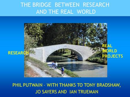 THE BRIDGE BETWEEN RESEARCH AND THE REAL WORLD PHIL PUTWAIN – WITH THANKS TO TONY BRADSHAW, JO SAYERS AND IAN TRUEMAN RESEARCH REAL WORLD PROJECTS.