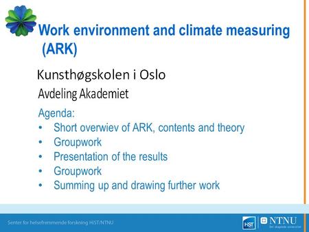 Agenda: Short overwiev of ARK, contents and theory Groupwork Presentation of the results Groupwork Summing up and drawing further work Work environment.