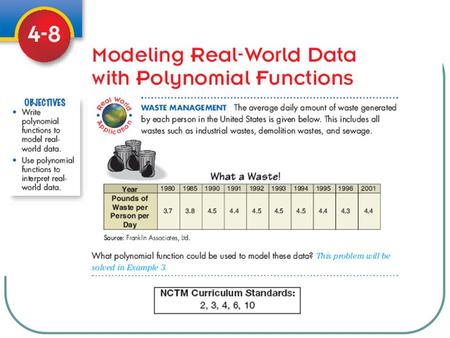 Identifying the general polynomial shape Example 1 General Rule: Basic polynomial function is one more that the number of direction changes.