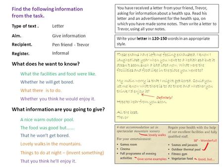 You have received a letter from your friend, Trevor, asking for information about a health spa. Read his letter and an advertisement for the health spa,