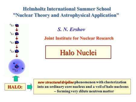 Halo Nuclei S. N. Ershov Joint Institute for Nuclear Research new structural dripline phenomenon with clusterization into an ordinary core nucleus and.