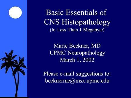 Basic Essentials of CNS Histopathology (In Less Than 1 Megabyte) Marie Beckner, MD UPMC Neuropathology March 1, 2002 Please  suggestions to: