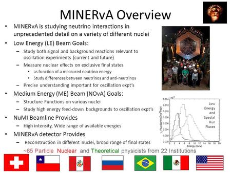 MINERvA Overview MINERvA is studying neutrino interactions in unprecedented detail on a variety of different nuclei Low Energy (LE) Beam Goals: – Study.