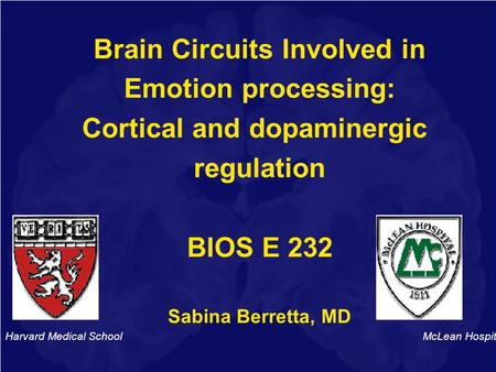 Brain Circuits Involved in Emotion processing: Cortical and dopaminergic regulation BIOS E 232 Sabina Berretta, MD Harvard Medical School McLean Hospital.