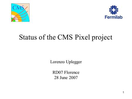 1 Status of the CMS Pixel project Lorenzo Uplegger RD07 Florence 28 June 2007.