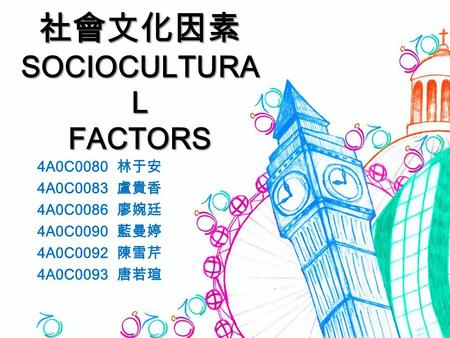 社會文化因素 SOCIOCULTURA L FACTORS 4A0C0080 林于安 4A0C0083 盧貴香 4A0C0086 廖婉廷 4A0C0090 藍曼婷 4A0C0092 陳雪芹 4A0C0093 唐若瑄.