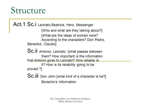 Dr. Uttara Debi, Asst. Professor in English, IDOL, Gauhati University Structure Act.1 Sc.i Leonato,Beatrice, Hero, Messenger [Who and what are they talking.