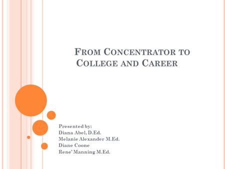 F ROM C ONCENTRATOR TO C OLLEGE AND C AREER Presented by: Diana Abel, D.Ed. Melanie Alexander M.Ed. Diane Coone Rene’ Manning M.Ed.