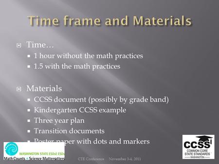  Time…  1 hour without the math practices  1.5 with the math practices  Materials  CCSS document (possibly by grade band)  Kindergarten CCSS example.