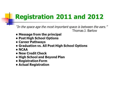 Registration 2011 and 2012 “In the space age the most important space is between the ears.” Thomas J. Barlow Message from the principal Post High School.