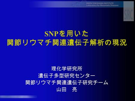 SNP を用いた 関節リウマチ関連遺伝子解析の現況 理化学研究所 遺伝子多型研究センター 関節リウマチ関連遺伝子研究チーム 山田 亮.