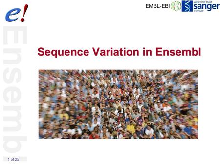 1 of 25 Sequence Variation in Ensembl. 2 of 25 Outline SNPs SNPs in Ensembl Linkage disequilibrium SNPs in BioMart DAS sources.