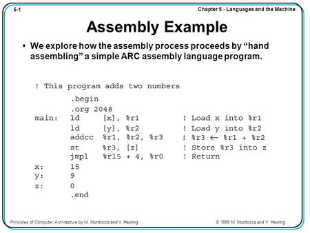 5-1 Chapter 5 - Languages and the Machine Principles of Computer Architecture by M. Murdocca and V. Heuring © 1999 M. Murdocca and V. Heuring Assembly.