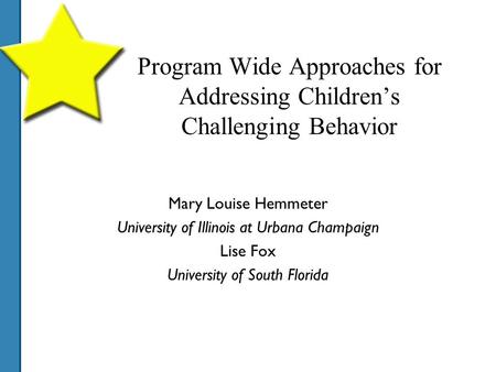 Program Wide Approaches for Addressing Children’s Challenging Behavior Mary Louise Hemmeter University of Illinois at Urbana Champaign Lise Fox University.