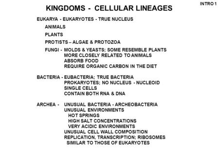 EUKARYA - EUKARYOTES - TRUE NUCLEUS ANIMALS PLANTS PROTISTS – ALGAE & PROTOZOA FUNGI -MOLDS & YEASTS; SOME RESEMBLE PLANTS MORE CLOSELY RELATED TO ANIMALS.