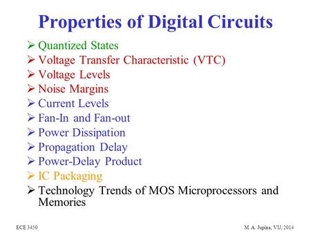 ECE 3450 M. A. Jupina, VU, 2014 Properties of Digital Circuits  Quantized States  Voltage Transfer Characteristic (VTC)  Voltage Levels  Noise Margins.