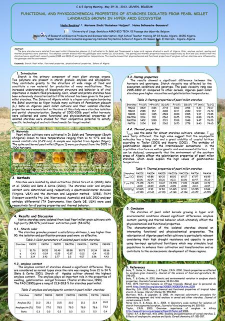 Nadia Boudries 1. 2. Marianne Sindic 1 Boubekeur Nadjemi 2. Naima Belhaneche-Bensemra 3 1 University of Liege. Gembloux AGRO-BIO TECH. 02 Passage des déportés.