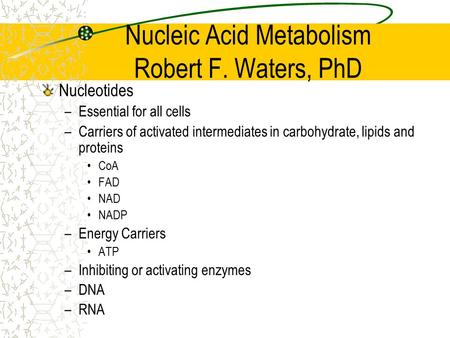 Nucleic Acid Metabolism Robert F. Waters, PhD