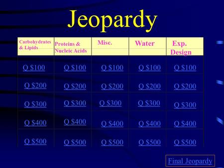 Jeopardy Carbohydrates & Lipids Proteins & Nucleic Acids Misc. Water Exp. Design Q $100 Q $200 Q $300 Q $400 Q $500 Q $100 Q $200 Q $300 Q $400 Q $500.