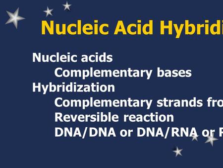 Nucleic Acid Hybridization Nucleic acids Complementary bases Hybridization Complementary strands from any sources Reversible reaction DNA/DNA or DNA/RNA.