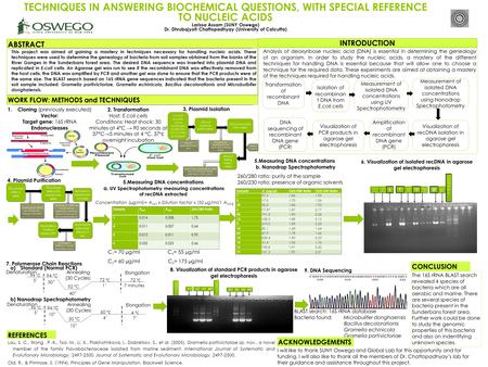 TECHNIQUES IN ANSWERING BIOCHEMICAL QUESTIONS, WITH SPECIAL REFERENCE TO NUCLEIC ACIDS Larissa Assam (SUNY Oswego) Dr. Dhrubajyoti Chattopadhyay (University.