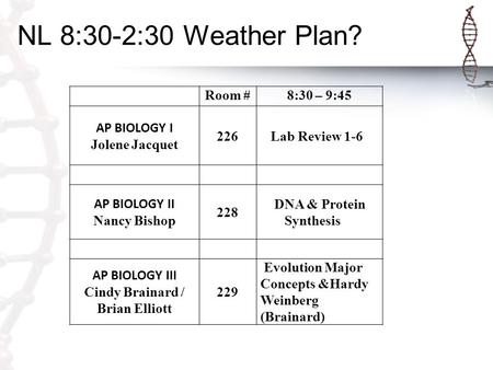 NL 8:30-2:30 Weather Plan? Room #8:30 – 9:45 AP BIOLOGY I Jolene Jacquet 226 Lab Review 1-6 AP BIOLOGY II Nancy Bishop 228 DNA & Protein Synthesis AP BIOLOGY.