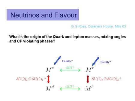 Neutrinos and Flavour G.G.Ross, Coseners House, May 03 What is the origin of the Quark and lepton masses, mixing angles and CP violating phases? Family?