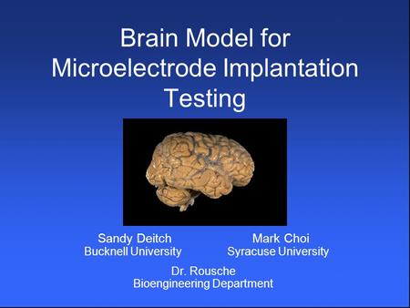 Brain Model for Microelectrode Implantation Testing Sandy Deitch Mark Choi Bucknell University Syracuse University Dr. Rousche Bioengineering Department.