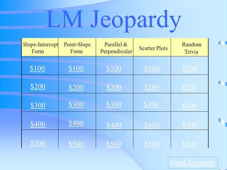 LM Jeopardy Slope-Intercept Form Point-Slope Form Parallel & Perpendicular Scatter Plots Random Trivia $100 $200 $300 $400 $500 $100 $200 $300 $400 $500.