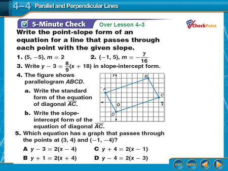 Parallel and Perpendicular Lines Lesson 4-4 Splash Screen.