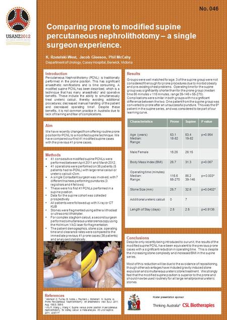 Comparing prone to modified supine percutaneous nephrolithotomy – a single surgeon experience. Introduction Percutaneous Nephrolithotomy (PCNL) is traditionally.