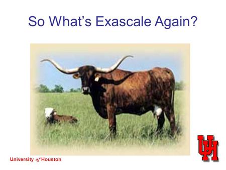 University of Houston So What’s Exascale Again?. University of Houston The Architects Did Their Best… Scale of parallelism Multiple kinds of parallelism.