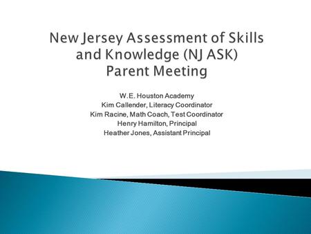 W.E. Houston Academy Kim Callender, Literacy Coordinator Kim Racine, Math Coach, Test Coordinator Henry Hamilton, Principal Heather Jones, Assistant Principal.