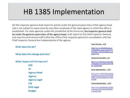 HB 1385 Implementation What does this do? What does this change and why? What impact will this have on? OIG IG Agency Head Agency Agency Legal CIG EOG.