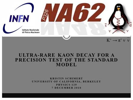 ULTRA-RARE KAON DECAY FOR A PRECISION TEST OF THE STANDARD MODEL KRISTIN SCHIMERT UNIVERSITY OF CALIFORNIA, BERKELEY PHYSICS 129 7 DECEMBER 2010 K + →