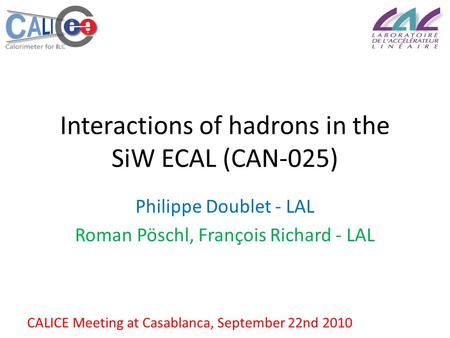 Interactions of hadrons in the SiW ECAL (CAN-025) Philippe Doublet - LAL Roman Pöschl, François Richard - LAL CALICE Meeting at Casablanca, September 22nd.