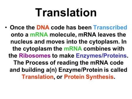 Translation Once the DNA code has been Transcribed onto a mRNA molecule, mRNA leaves the nucleus and moves into the cytoplasm. In the cytoplasm the mRNA.